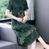Green Lotus Print Silk A Line Skirts Stand Collar Summer LY2240 -Ada Fashion Green Lotus Print Silk A Line Skirts Stand Collar Summer1