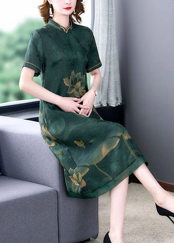 Green Lotus Print Silk A Line Skirts Stand Collar Summer LY2240 3 Green Lotus Print Silk A Line Skirts Stand Collar Summer LY2240