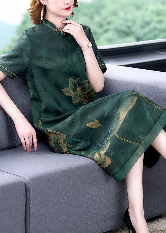 Green Lotus Print Silk A Line Skirts Stand Collar Summer LY2240 4 Green Lotus Print Silk A Line Skirts Stand Collar Summer LY2240 - Image 2