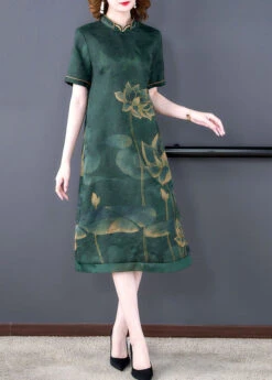 Green Lotus Print Silk A Line Skirts Stand Collar Summer LY2240 9 Green Lotus Print Silk A Line Skirts Stand Collar Summer LY2240 -Ada Fashion Green Lotus Print Silk A Line Skirts Stand Collar Summer3