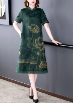 Green Lotus Print Silk A Line Skirts Stand Collar Summer LY2240 10 Green Lotus Print Silk A Line Skirts Stand Collar Summer LY2240 -Ada Fashion Green Lotus Print Silk A Line Skirts Stand Collar Summer4