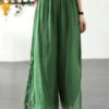 Green Patchwork Linen Wide Leg Pants Elastic Waist Side Open Summer LY7885 -Ada Fashion Green Patchwork Linen Wide Leg Pants Elastic Waist Side Open Summer1