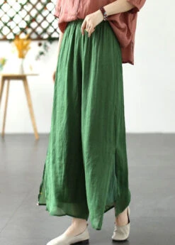 Green Patchwork Linen Wide Leg Pants Elastic Waist Side Open Summer LY7885 9 Green Patchwork Linen Wide Leg Pants Elastic Waist Side Open Summer LY7885 -Ada Fashion Green Patchwork Linen Wide Leg Pants Elastic Waist Side Open Summer3