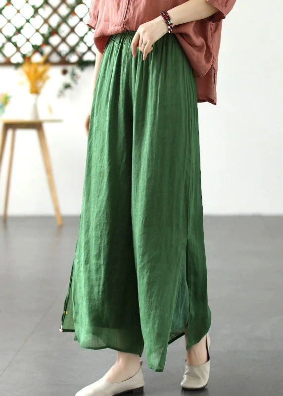 Green Patchwork Linen Wide Leg Pants Elastic Waist Side Open Summer LY7885 5 Green Patchwork Linen Wide Leg Pants Elastic Waist Side Open Summer LY7885 - Image 3