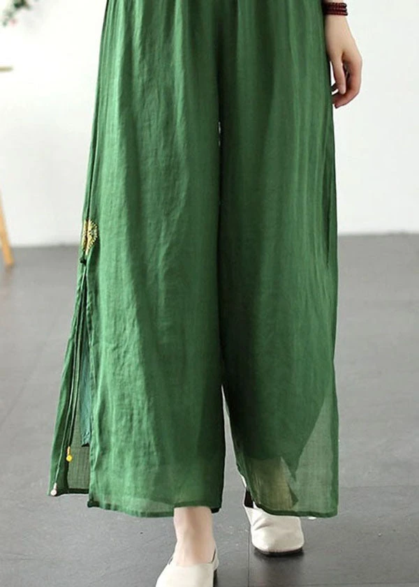 Green Patchwork Linen Wide Leg Pants Elastic Waist Side Open Summer LY7885 6 Green Patchwork Linen Wide Leg Pants Elastic Waist Side Open Summer LY7885 - Image 4