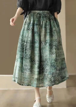Green Print Pockets Patchwork Linen Skirts Wrinkled Summer LY7895