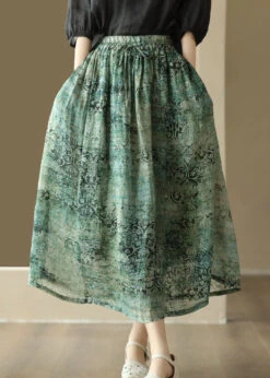Green Print Pockets Patchwork Linen Skirts Wrinkled Summer LY7895 -Ada Fashion Green Print Pockets Patchwork Linen Skirts Wrinkled Summer3