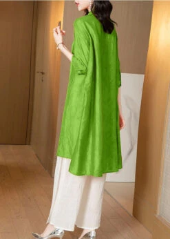 Apple Green Silk Two Piece Set Women Clothing LY2771 -Ada Fashion Green Silk Two Piece Set Women Clothing Stand Collar Wrinkled Summer3