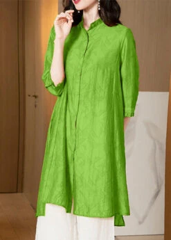 Apple Green Silk Two Piece Set Women Clothing LY2771 -Ada Fashion Green Silk Two Piece Set Women Clothing Stand Collar Wrinkled Summer4
