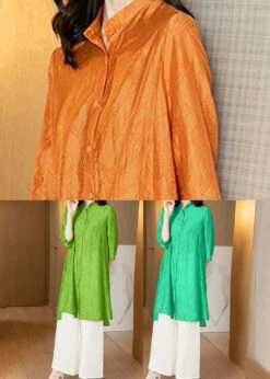 Apple Green Silk Two Piece Set Women Clothing LY2771 -Ada Fashion Green Silk Two Piece Set Women Clothing Stand Collar Wrinkled Summer5