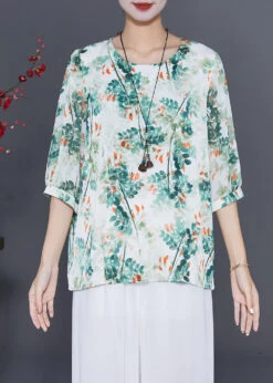 Green Tie Dye Silk Blouses Oversized Half Sleeve LY7681 -Ada Fashion Green Tie Dye Silk Blouses Oversized Half Sleeve1