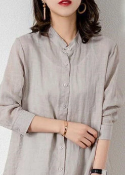 Grey Patchwork Linen Blouses Button Bracelet Sleeve LY1476 -Ada Fashion Grey Patchwork Linen Blouses Button Bracelet Sleeve3