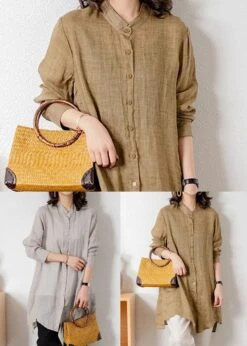 Grey Patchwork Linen Blouses Button Bracelet Sleeve LY1476 -Ada Fashion Grey Patchwork Linen Blouses Button Bracelet Sleeve5