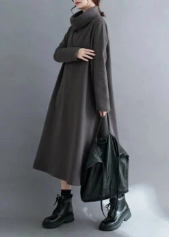 Fleece Maxi Sweatshirt Dress Winter -Ada Fashion Grey Zippered Fleece Dress Maxi Sweatshirt Dress Winter Ada Fashion 177140437