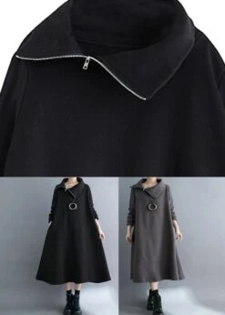 Fleece Maxi Sweatshirt Dress Winter -Ada Fashion Grey Zippered Fleece Dress Maxi Sweatshirt Dress Winter Ada Fashion 177140566