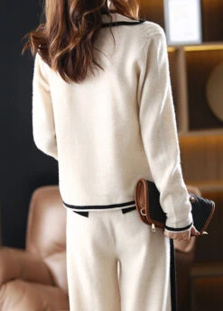 Handmade Apricot Peter Pan Collar Patchwork Button Woolen Shirts And Wide Leg Pants Two Piece Set Fall LY9929 -Ada Fashion Handmade Apricot Peter Pan Collar Patchwork Button Woolen Shirts And Wide Leg Pants Two Piece Set Fall3