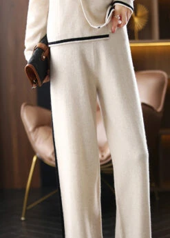 Handmade Apricot Peter Pan Collar Patchwork Button Woolen Shirts And Wide Leg Pants Two Piece Set Fall LY9929 -Ada Fashion Handmade Apricot Peter Pan Collar Patchwork Button Woolen Shirts And Wide Leg Pants Two Piece Set Fall4