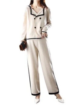 Handmade Apricot Peter Pan Collar Patchwork Button Woolen Shirts And Wide Leg Pants Two Piece Set Fall LY9929 -Ada Fashion Handmade Apricot Peter Pan Collar Patchwork Button Woolen Shirts And Wide Leg Pants Two Piece Set Fall5