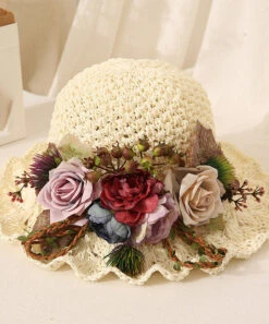 Handmade Beige Ruffled Straw Woven Floral Holiday Bucket Hat LY548 -Ada Fashion Handmade Beige Ruffled Straw Woven Floral Holiday Bucket Hat5