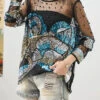 Handmade Black Asymmetrical Sequins Hollow Out Tulle Blouses Fall ML0527