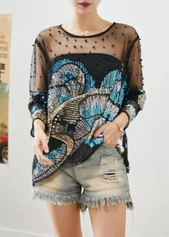 Handmade Black Asymmetrical Sequins Hollow Out Tulle Blouses Fall ML0527 -Ada Fashion Handmade Black Asymmetrical Sequins Hollow Out Tulle Blouses Fall Ada Fashion 162559149