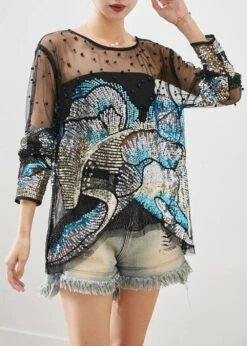 Handmade Black Asymmetrical Sequins Hollow Out Tulle Blouses Fall ML0527 -Ada Fashion Handmade Black Asymmetrical Sequins Hollow Out Tulle Blouses Fall Ada Fashion 162559275