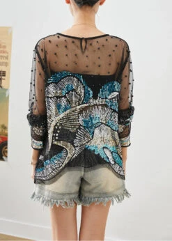 Handmade Black Asymmetrical Sequins Hollow Out Tulle Blouses Fall ML0527 -Ada Fashion Handmade Black Asymmetrical Sequins Hollow Out Tulle Blouses Fall Ada Fashion 162559312
