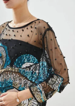 Handmade Black Asymmetrical Sequins Hollow Out Tulle Blouses Fall ML0527 -Ada Fashion Handmade Black Asymmetrical Sequins Hollow Out Tulle Blouses Fall Ada Fashion 162559454