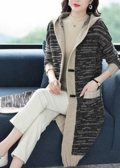 Handmade Black Pockets Button Patchwork Knit Hoodie Coat Fall LY9185 -Ada Fashion Handmade Black Pockets Button Patchwork Knit Hoodie Coat Fall5