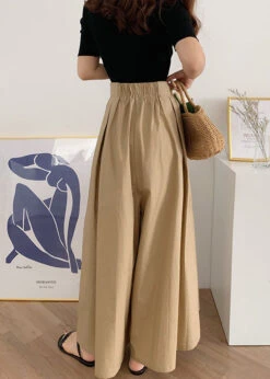 Handmade Camel Drawstring Elastic Waist Cotton Pleated Pants Skirt Summer LY2118 -Ada Fashion Handmade Camel Drawstring Elastic Waist Cotton Pleated Pants Skirt Summer3
