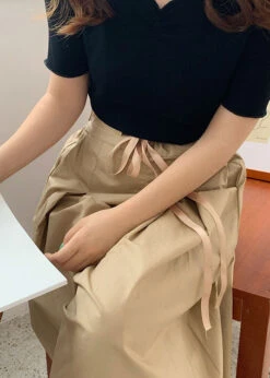 Handmade Camel Drawstring Elastic Waist Cotton Pleated Pants Skirt Summer LY2118 -Ada Fashion Handmade Camel Drawstring Elastic Waist Cotton Pleated Pants Skirt Summer5