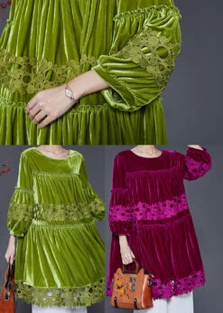 Handmade Grass Green Oversized Patchwork Silk Velvet Dresses Spring SD1103 11 Handmade Grass Green Oversized Patchwork Silk Velvet Dresses Spring SD1103 -Ada Fashion Handmade Grass Green Oversized Patchwork Silk Velvet Dresses Spring5