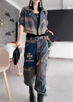 Handmade Grey Peter Pan Collar Patchwork Coats And Jeans Two Pieces Set Fall LY7937 -Ada Fashion Handmade Grey Peter Pan Collar Patchwork Coats And Jeans Two Pieces Set Fall Ada Fashion 143888785