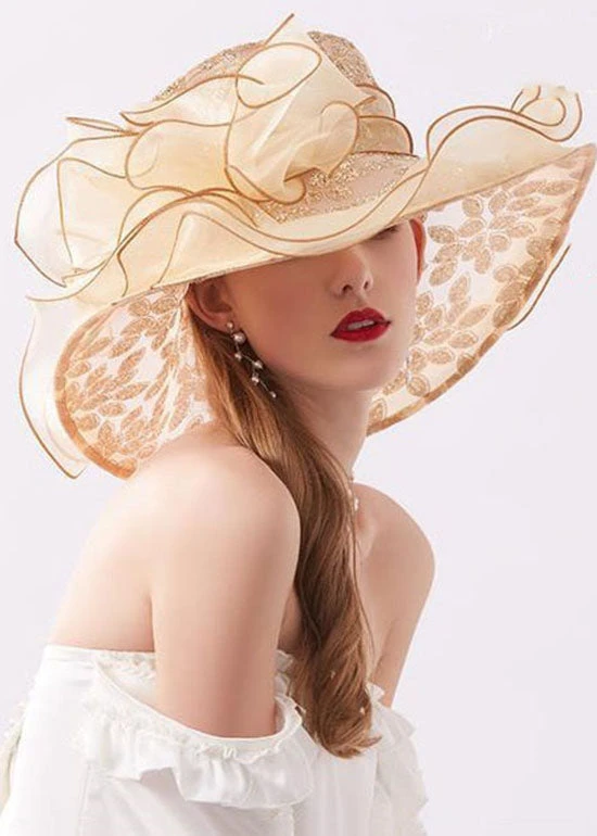 Handmade Khaki Zircon Chiffon Patchwork Floral Tulle Floppy Sun Hat LC0466 4 Handmade Khaki Zircon Chiffon Patchwork Floral Tulle Floppy Sun Hat LC0466 - Image 2