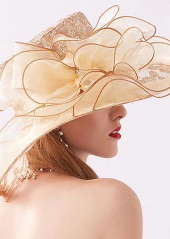 Handmade Khaki Zircon Chiffon Patchwork Floral Tulle Floppy Sun Hat LC0466 6 Handmade Khaki Zircon Chiffon Patchwork Floral Tulle Floppy Sun Hat LC0466 - Image 4