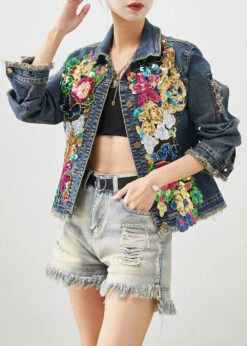 Navy Sequins Denim Ripped Coats