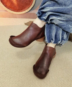 Handmade Splicing Comfy Ankle Boots Brown Cowhide Leather ML1690