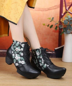 Cross Strap Chunky Boots Black Embossed -Ada Fashion Handmade Splicing Cross Strap Chunky Boots Black Embossed Cowhide Leather Ada Fashion 173749557