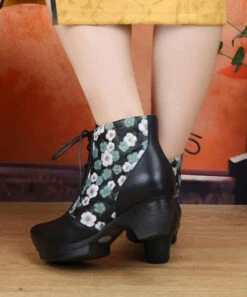 Cross Strap Chunky Boots Black Embossed -Ada Fashion Handmade Splicing Cross Strap Chunky Boots Black Embossed Cowhide Leather Ada Fashion 173749645