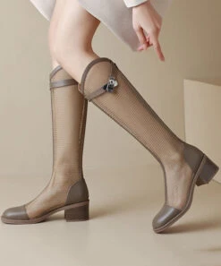 Handmade Tulle Knee Boots Splicing Hollow Out Suede Boots LY4369 -Ada Fashion Handmade Tulle Knee Boots Splicing Hollow Out Suede Boots4