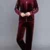 Handmade Wine Red Stand Collar Zippered Silk Velour Coats And Straight Pants Two Piece Set Fall ML0885