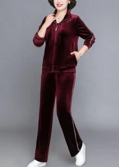Handmade Wine Red Stand Collar Zippered Silk Velour Coats And Straight Pants Two Piece Set Fall ML0885 -Ada Fashion Handmade Wine Red Stand Collar Zippered Silk Velour Coats And Straight Pants Two Piece Set Fall Ada Fashion 164377980