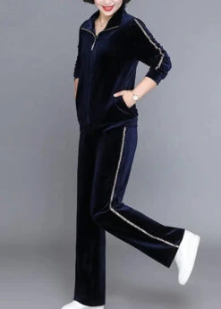 Handmade Wine Red Stand Collar Zippered Silk Velour Coats And Straight Pants Two Piece Set Fall ML0885 -Ada Fashion Handmade Wine Red Stand Collar Zippered Silk Velour Coats And Straight Pants Two Piece Set Fall Ada Fashion 164378066