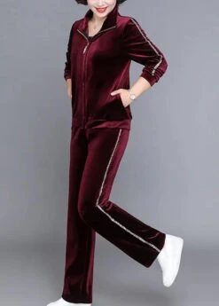 Handmade Wine Red Stand Collar Zippered Silk Velour Coats And Straight Pants Two Piece Set Fall ML0885 -Ada Fashion Handmade Wine Red Stand Collar Zippered Silk Velour Coats And Straight Pants Two Piece Set Fall Ada Fashion 164378120