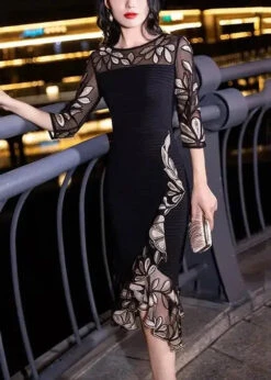 Embroidered Tulle Fishtail Skirt Dress Half Sleeve -Ada Fashion Italian Black Embroidered Tulle Patchwork Fishtail Skirt Dress Half Sleeve Ada Fashion 178509141