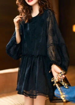 Italian Black O Neck Wrinkled Patchwork Lace Blouses Spring LY3848