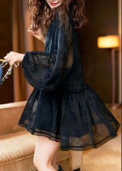 Italian Black O Neck Wrinkled Patchwork Lace Blouses Spring LY3848 -Ada Fashion Italian Black O Neck Wrinkled Patchwork Lace Blouses Spring4