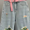 Italian Blue Pockets Sashes Hole Half Jeans Summer TY1057