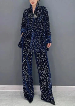 Sequins Tops And Pants Velour Two Piece Set Fall -Ada Fashion Italian Blue Sequins Tops And Pants Velour Two Piece Suit Set Fall Ada Fashion 177305365