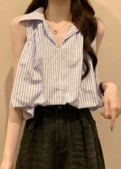 Italian Blue Striped Peter Pan Collar Cotton Blouses Sleeveless OP1037 -Ada Fashion Italian Blue Striped Peter Pan Collar Cotton Blouses Sleeveless3